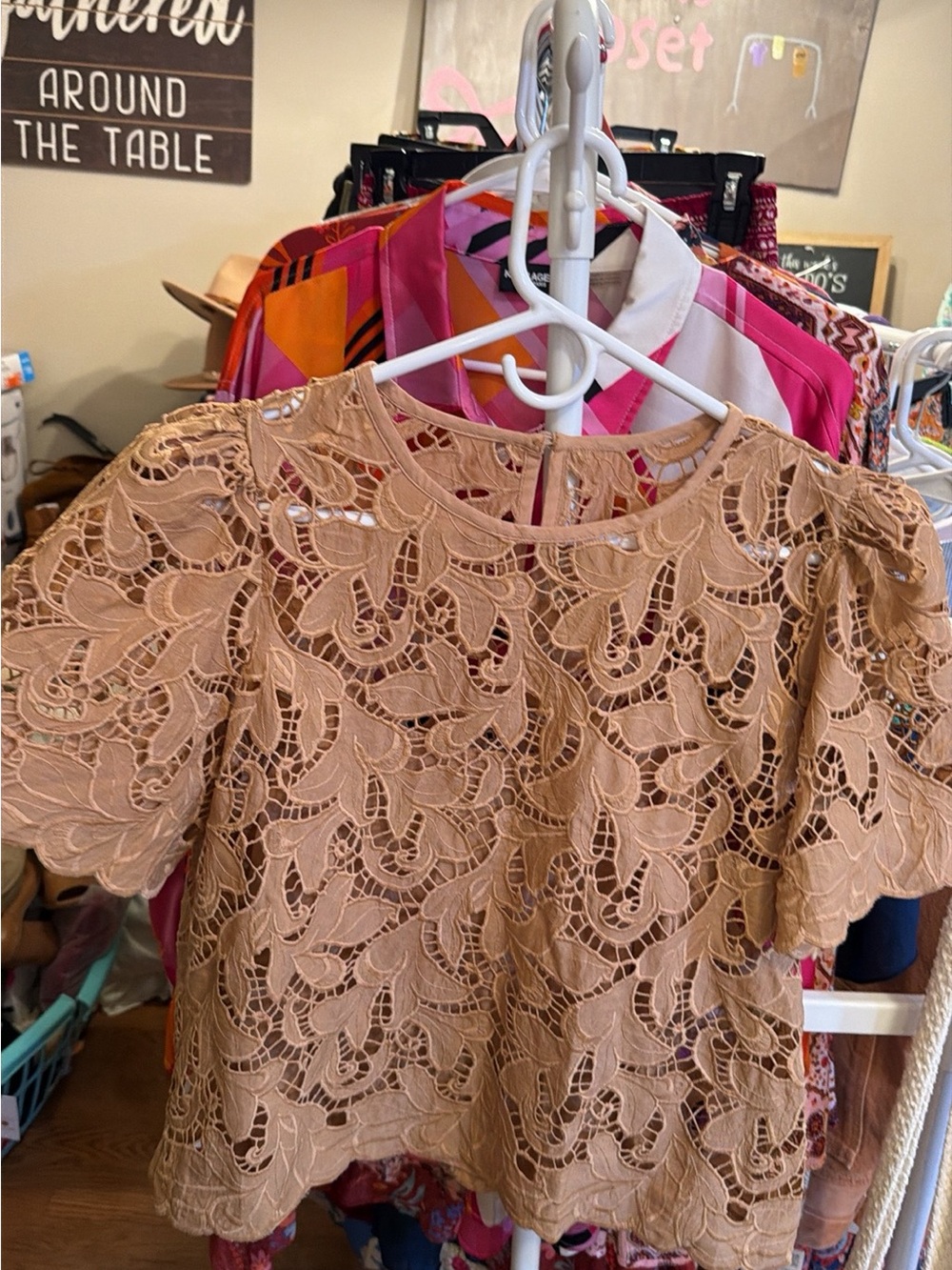 Express Crochet Lace Short Sleeve Top in Beige